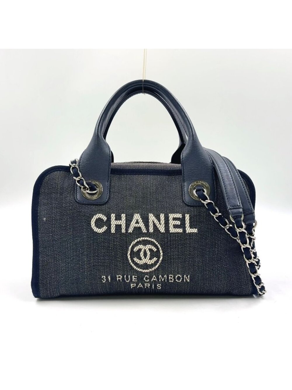Chanel Deauville Line Bowling 2-Way Leather Denim Navy Blue Handbag Silver